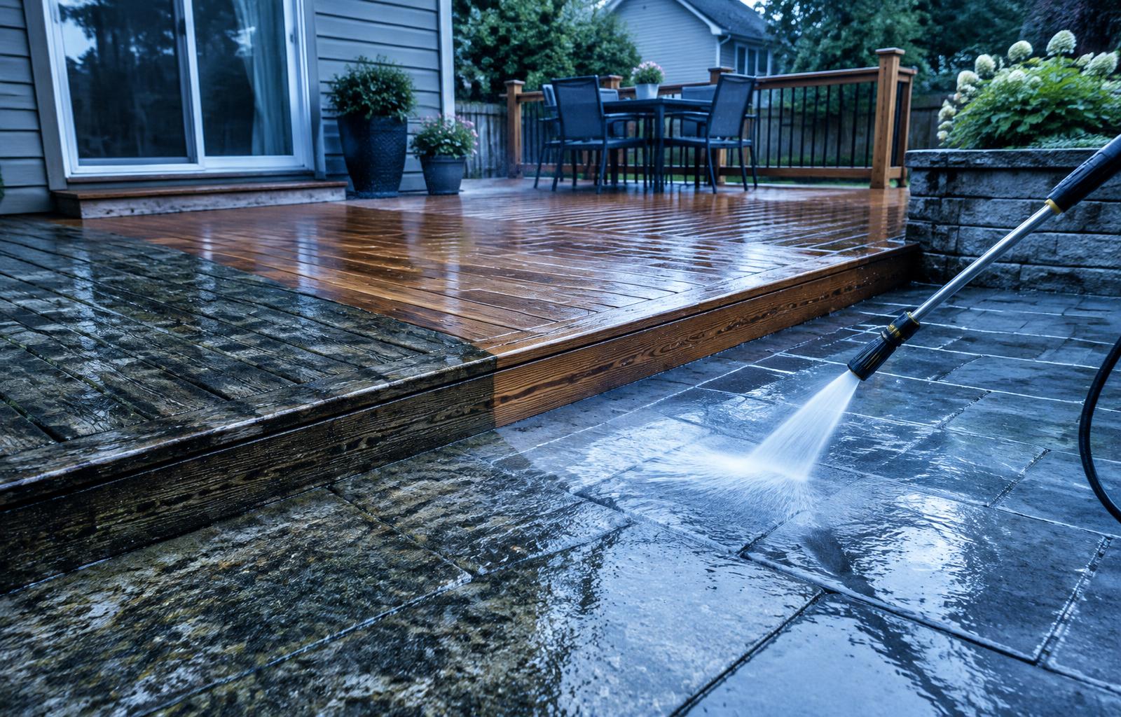 Pressure washed deck and stone patio with clean and dirty contrast